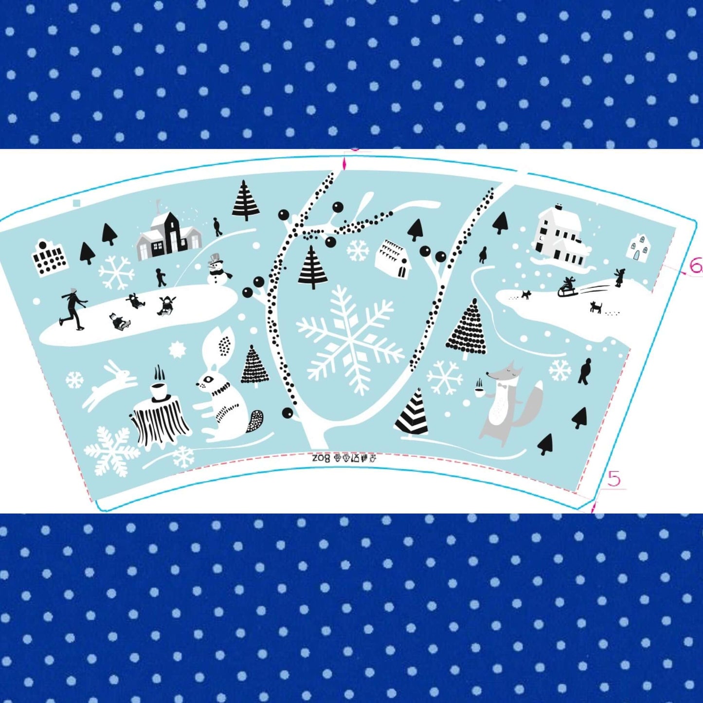 Winter-themed design on carton cup, featuring snowflakes, animals, and seasonal activities against a blue polka dot background.