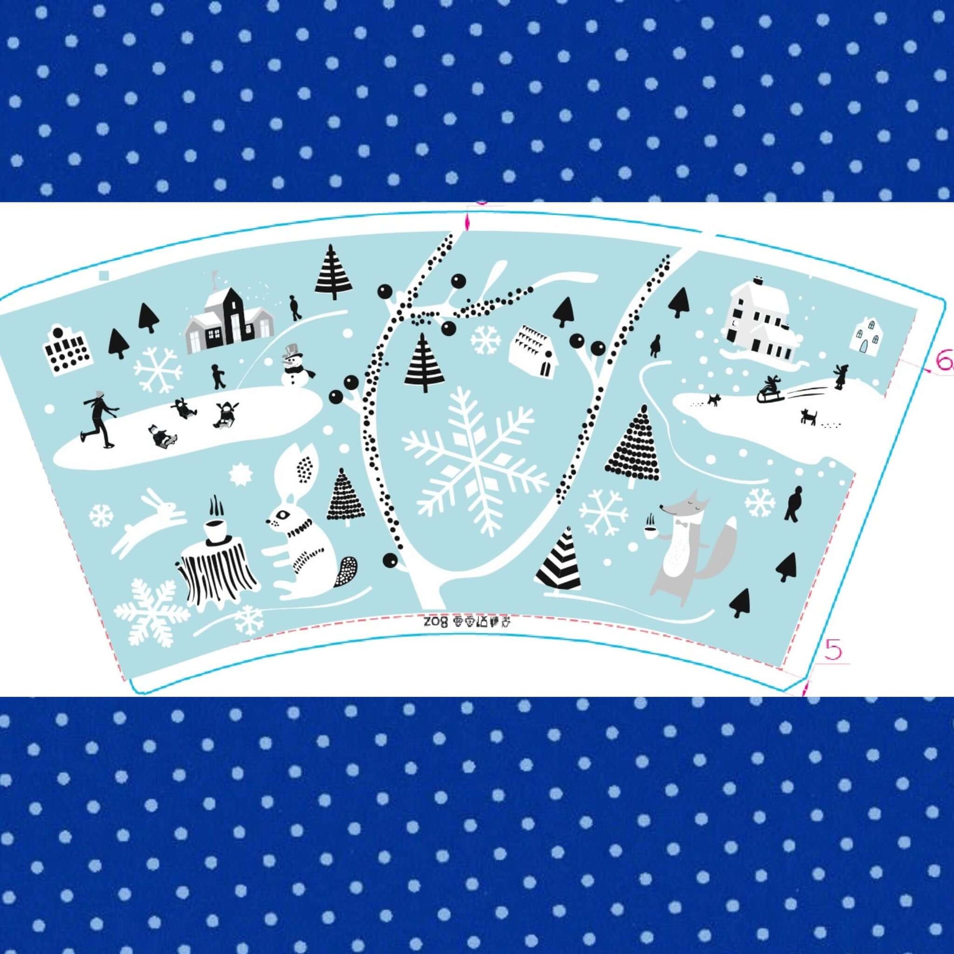 Winter-themed design on carton cup, featuring snowflakes, animals, and seasonal activities against a blue polka dot background.