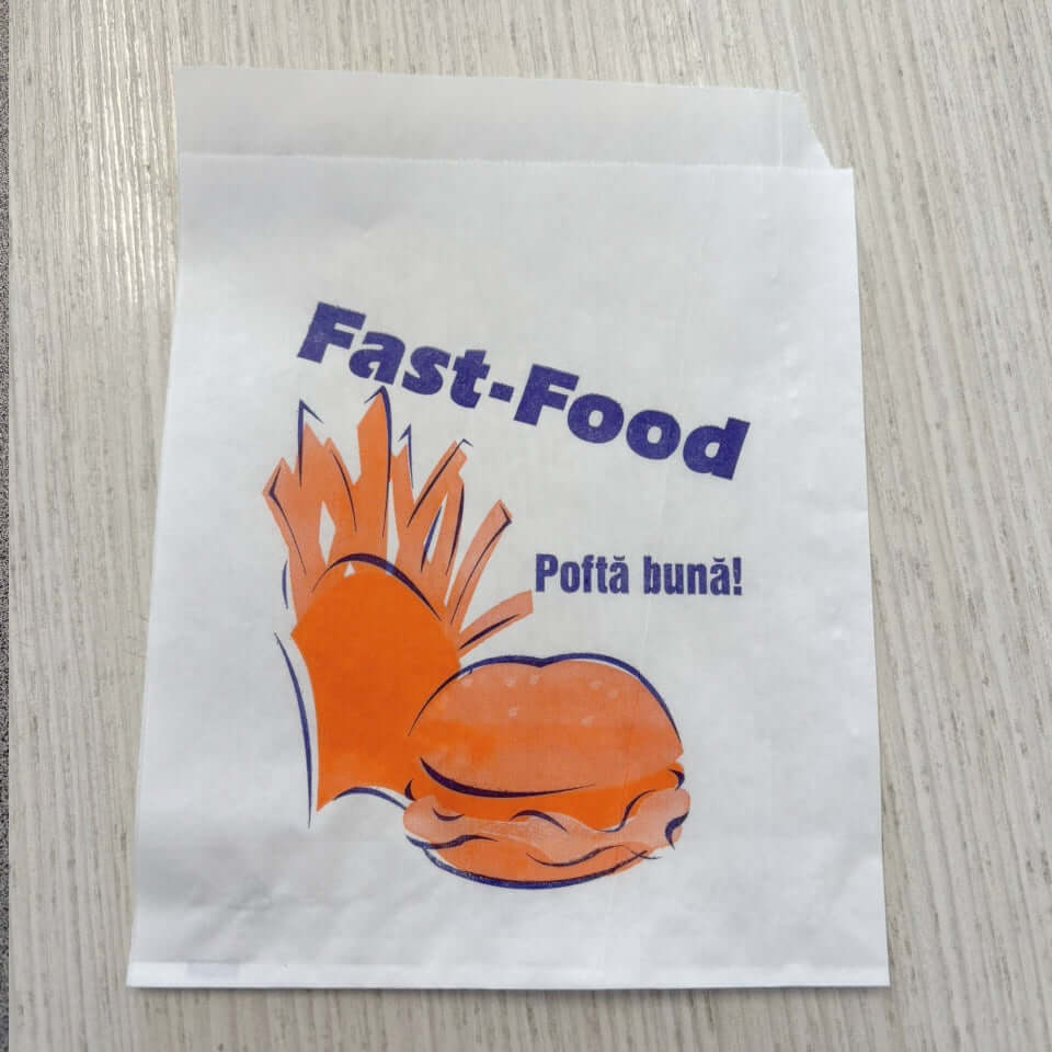 Colțar hârtie Fast Food cu imagine de burger și cartofi prăjiți, ideal pentru ambalarea produselor de tip fast-food.